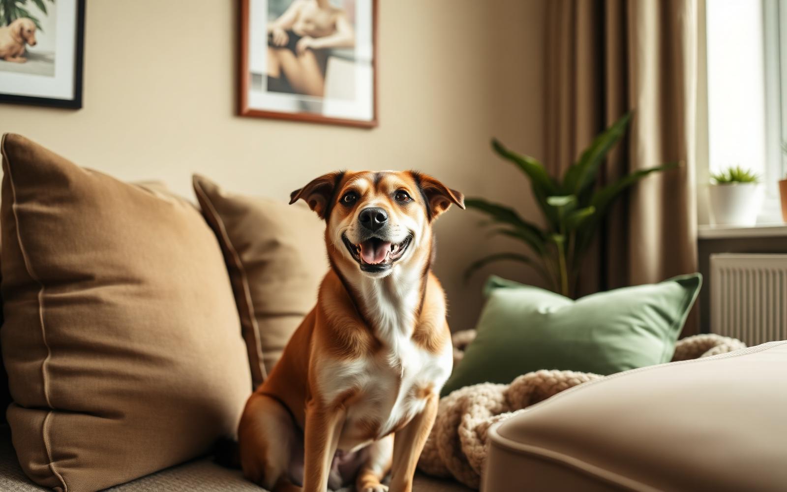 A relaxed dog in a warm, home boarding setting