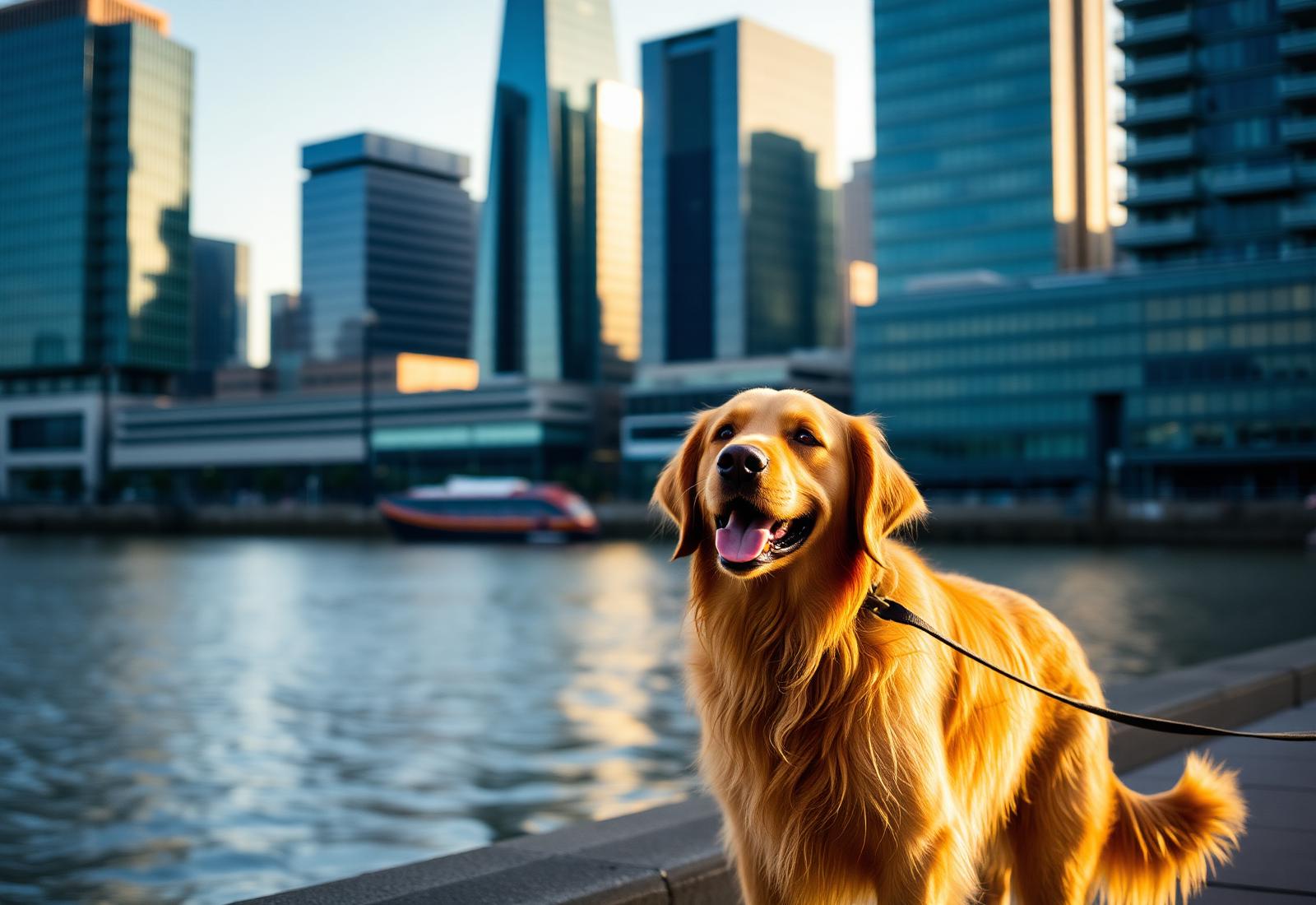 A happy golden retriever on a lead beside the Thames at Canary Wharf